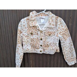 Girls Floral Denim Jacket Size 6 White Cropped Cottagecore Western Cowgirl Cute